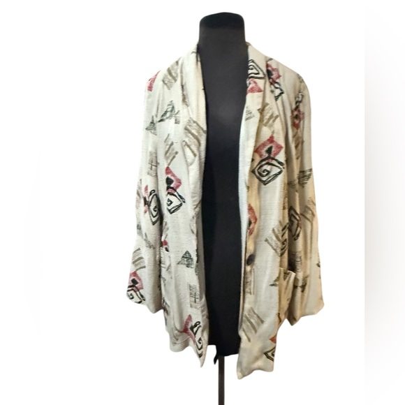 Vtg Dress Barn Abstract Print Draped Blazer Womens M Neutral Beige Boho Artsy - Picture 3 of 9